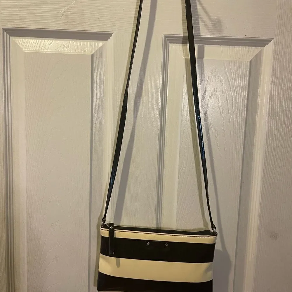 Kate Spade patent Black and Cream Striped small Crossbody Bag.